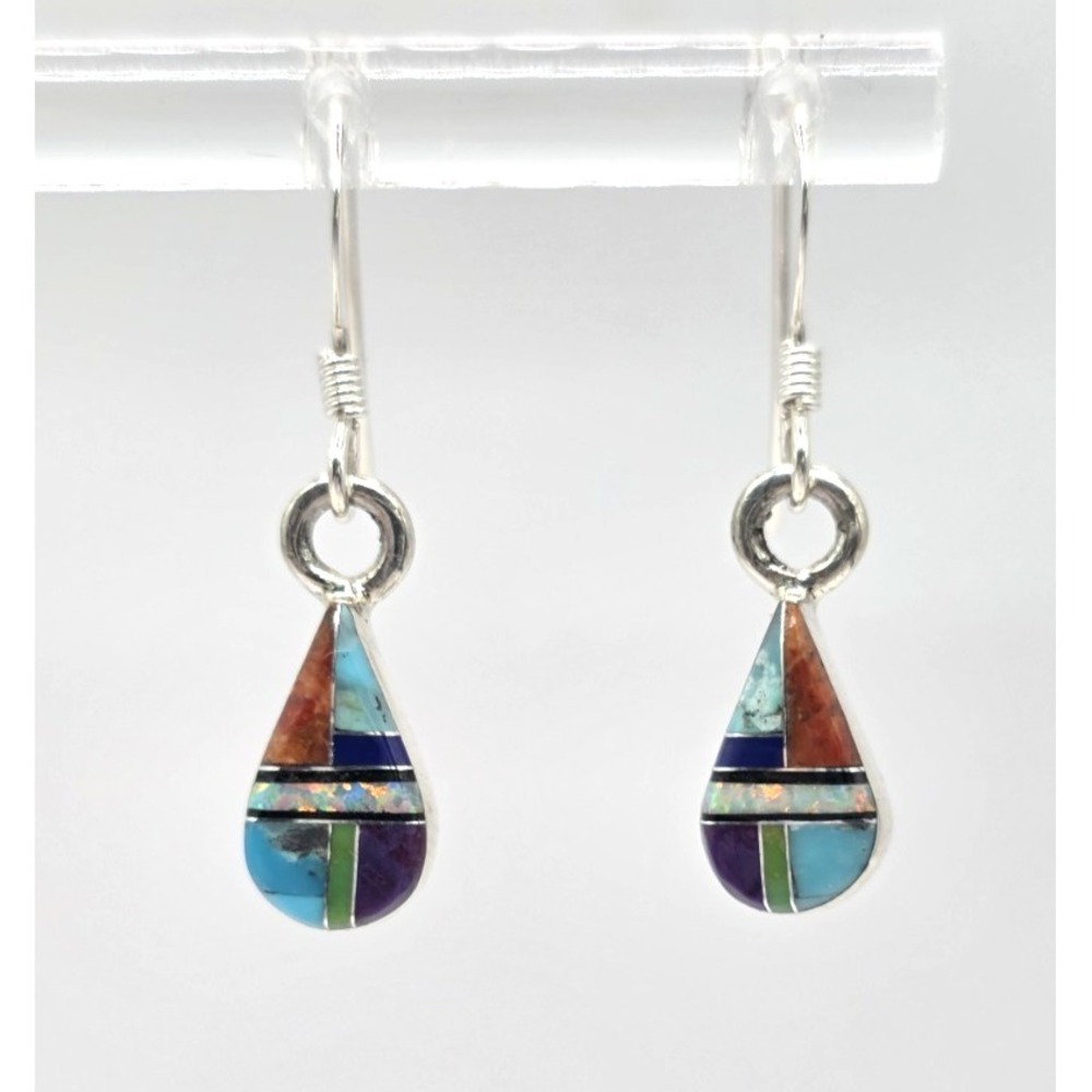 Multi-Gemstone Dangle Earrings Tear Drop Handmade Sterling Silver Inlays Dainty